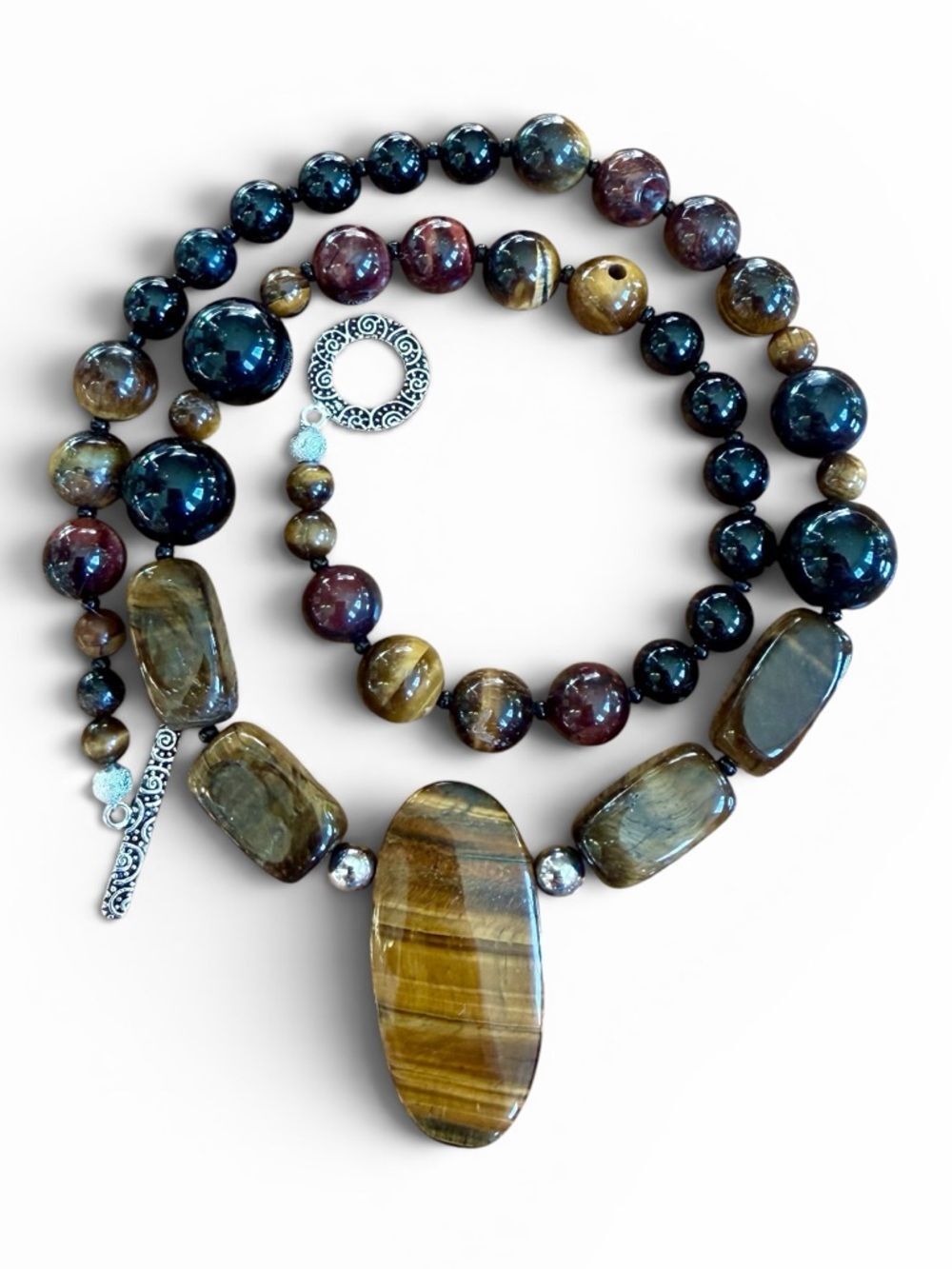 Handmade Tiger Eye and Onyx Genuine GemStone Necklace Tigers Eye Pendant 925